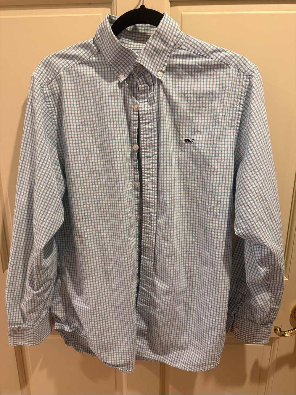 Vineyard Vines Light Green, Blue, and White Check Button-Down Shirt, Collar Wear